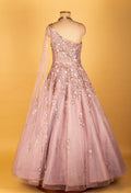 Blush Pink One-Shoulder Embellished Net Gown with Floral Sequin Work