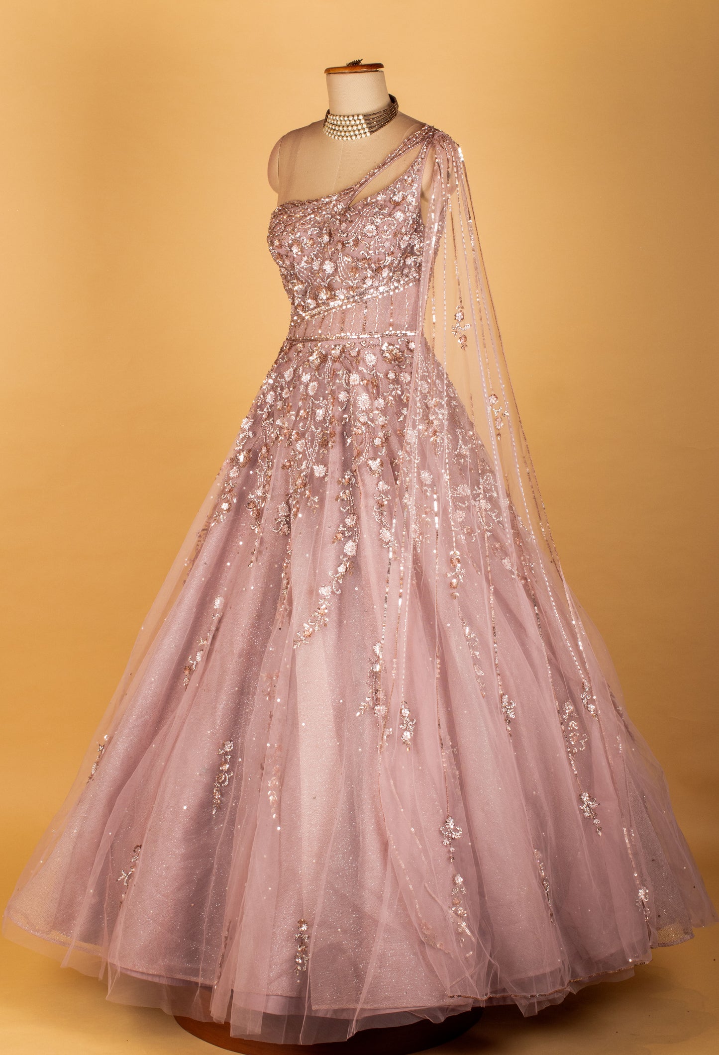 Blush Pink One-Shoulder Embellished Net Gown with Floral Sequin Work