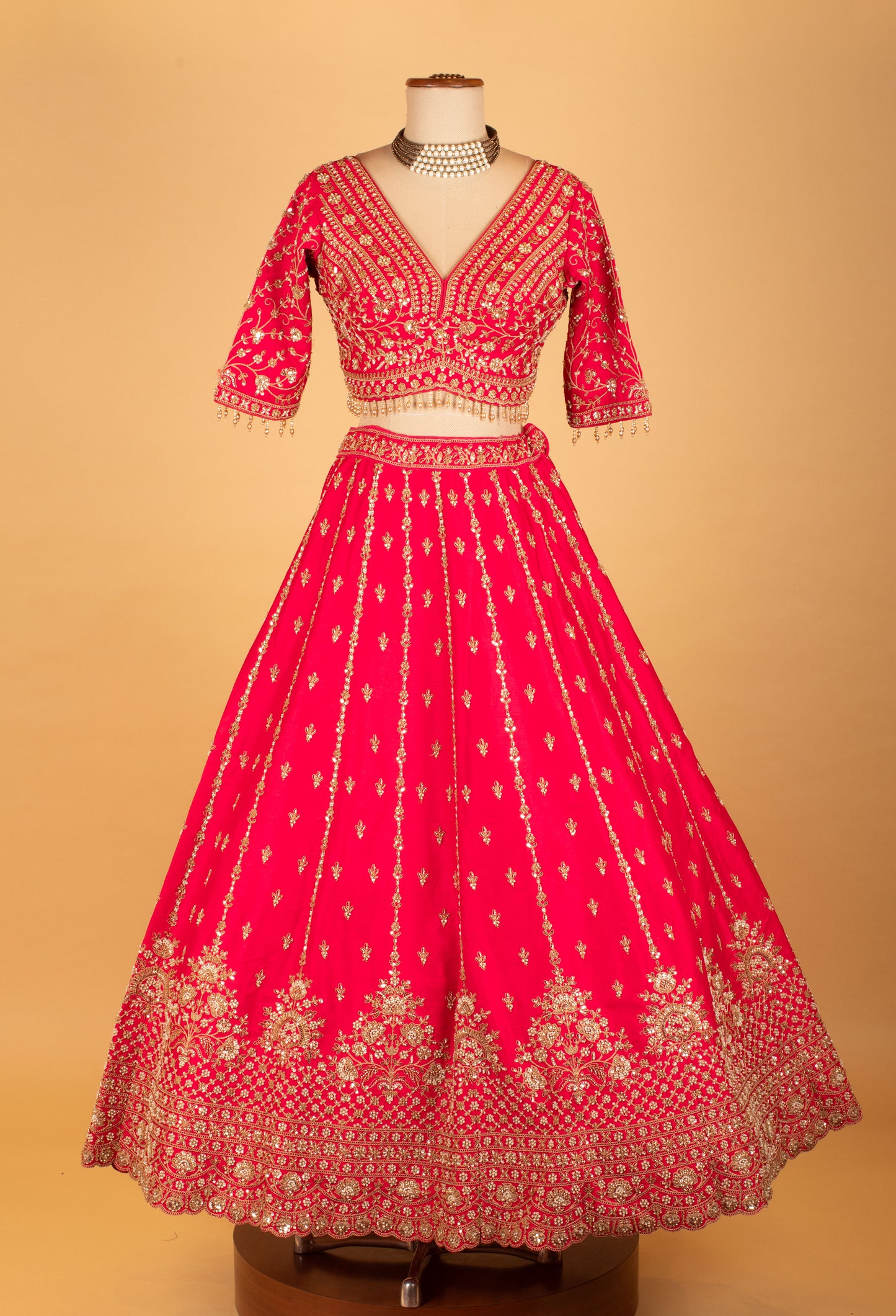 Red Embroidered Crop Top Lehenga Set with Heavy Border & Net Dupatta