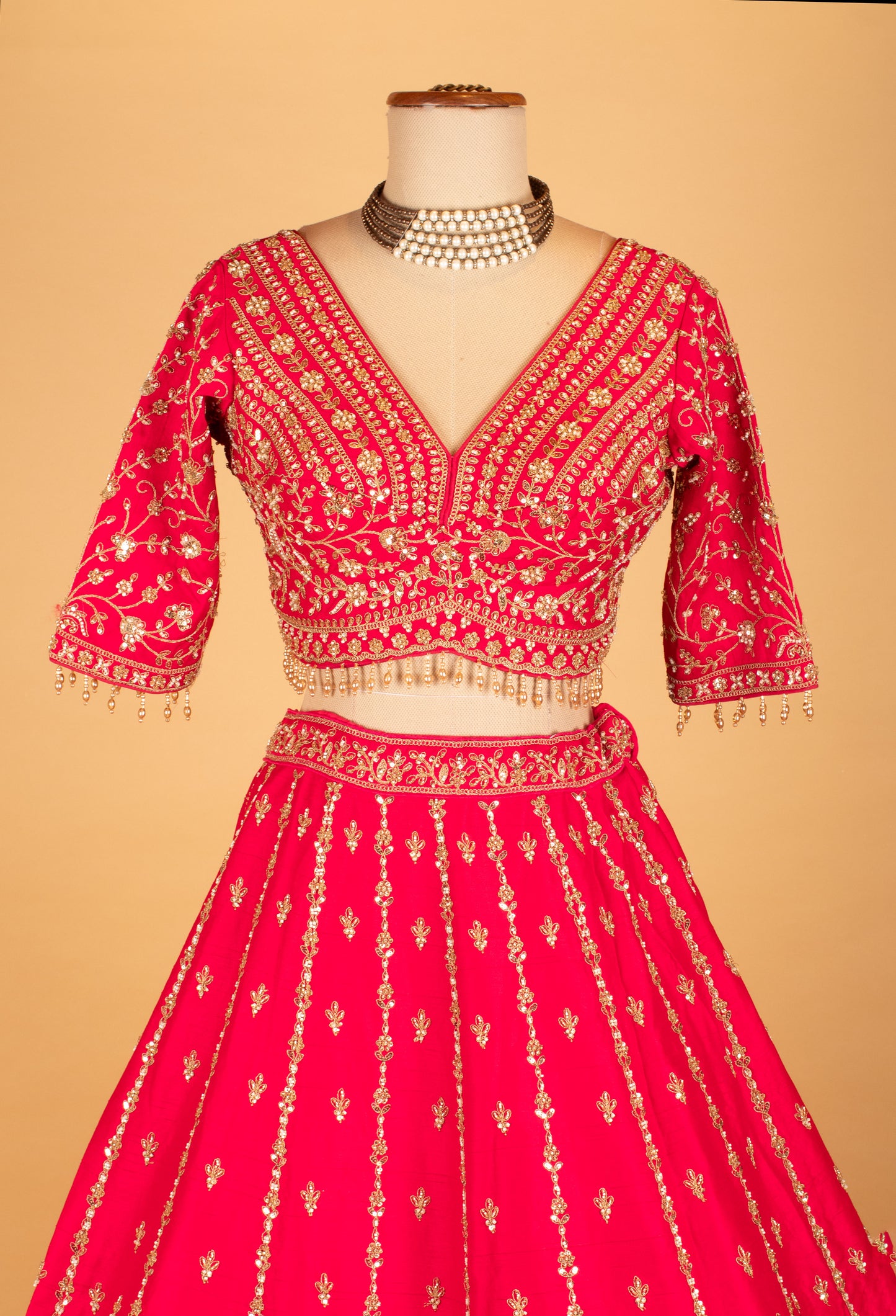 Red Embroidered Crop Top Lehenga Set with Heavy Border & Net Dupatta