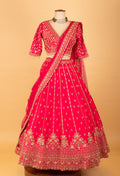 Red Embroidered Crop Top Lehenga Set with Heavy Border & Net Dupatta