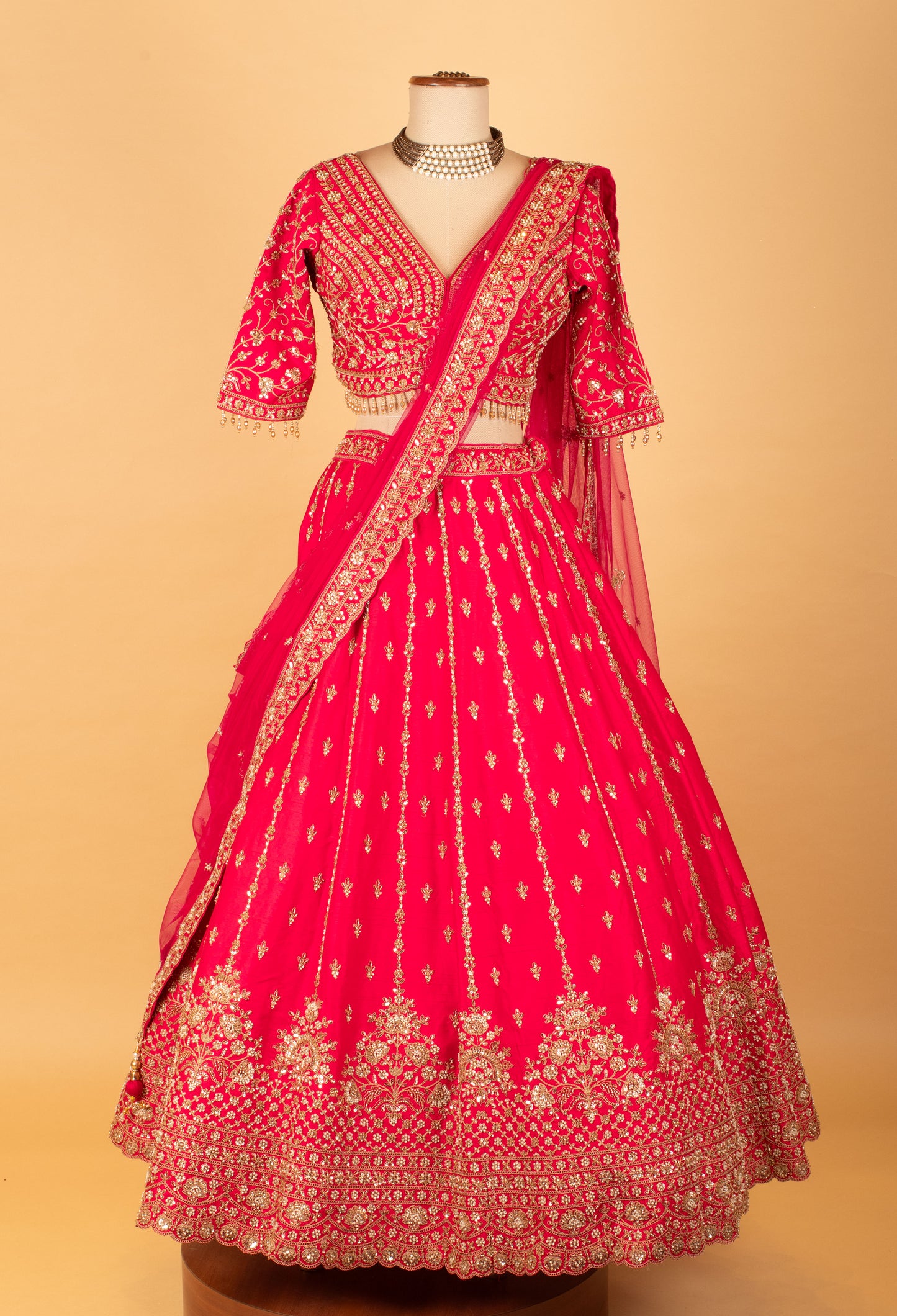 Red Embroidered Crop Top Lehenga Set with Heavy Border & Net Dupatta