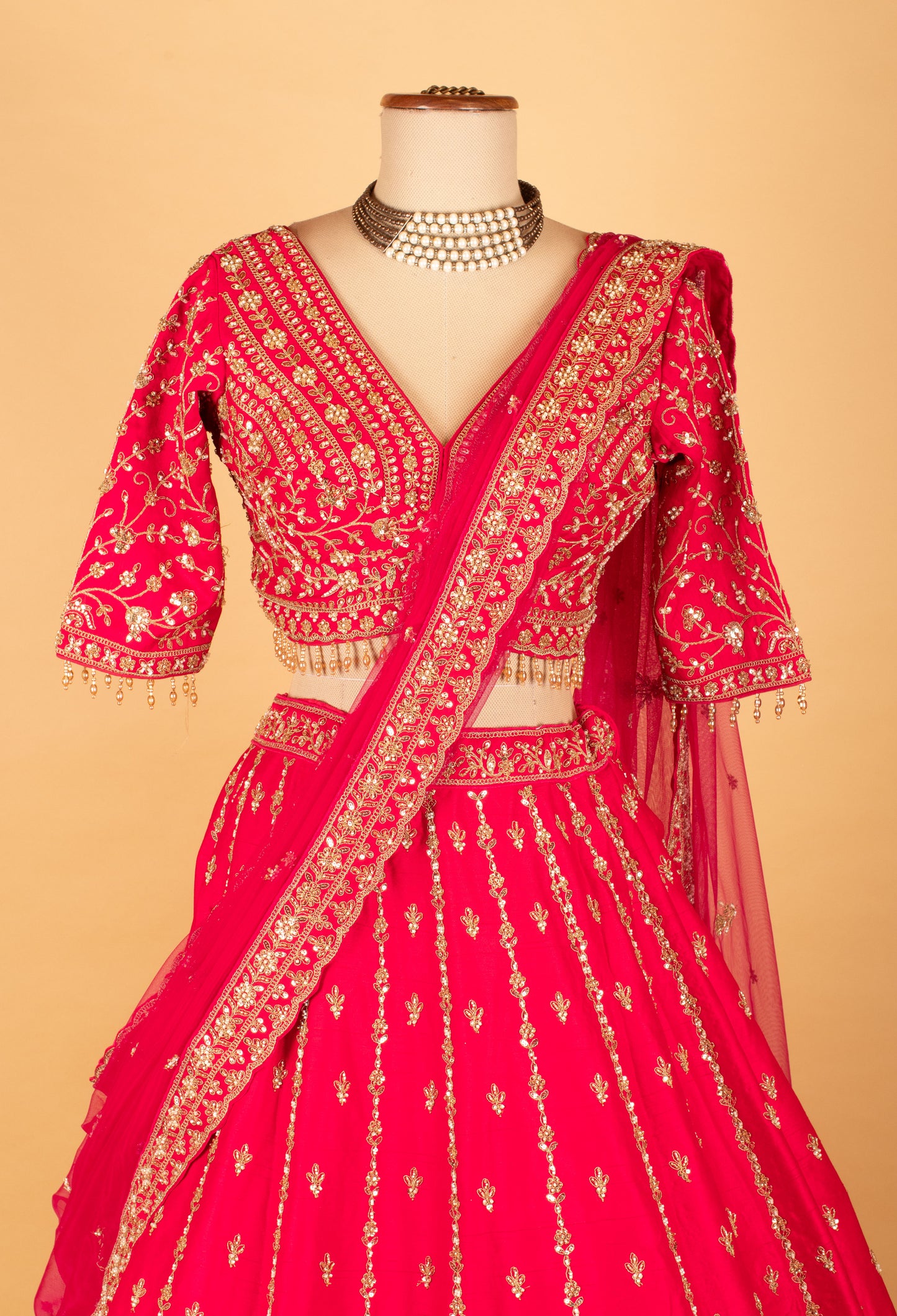 Red Embroidered Crop Top Lehenga Set with Heavy Border & Net Dupatta