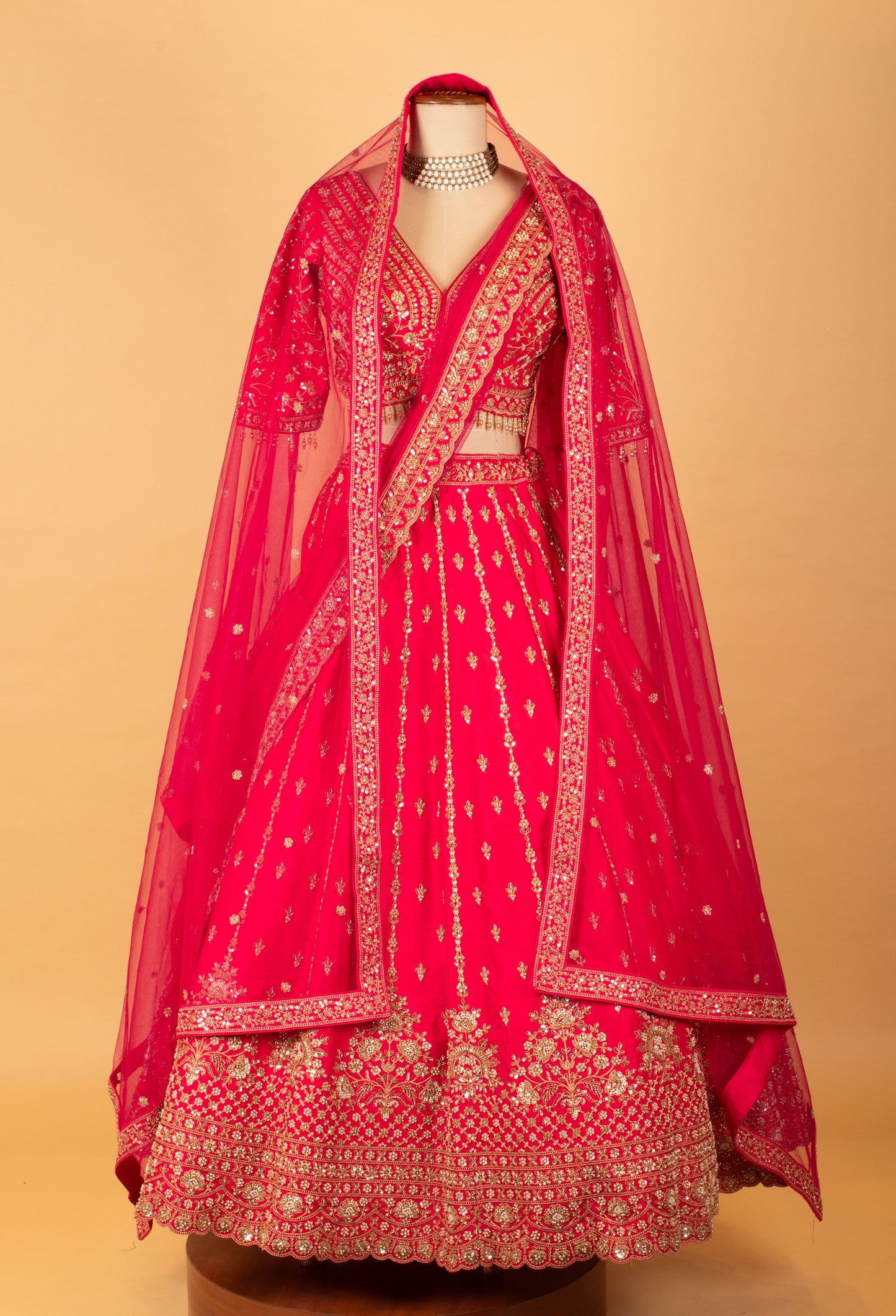 Red Embroidered Crop Top Lehenga Set with Heavy Border & Net Dupatta