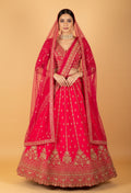 Red Embroidered Crop Top Lehenga Set with Heavy Border & Net Dupatta