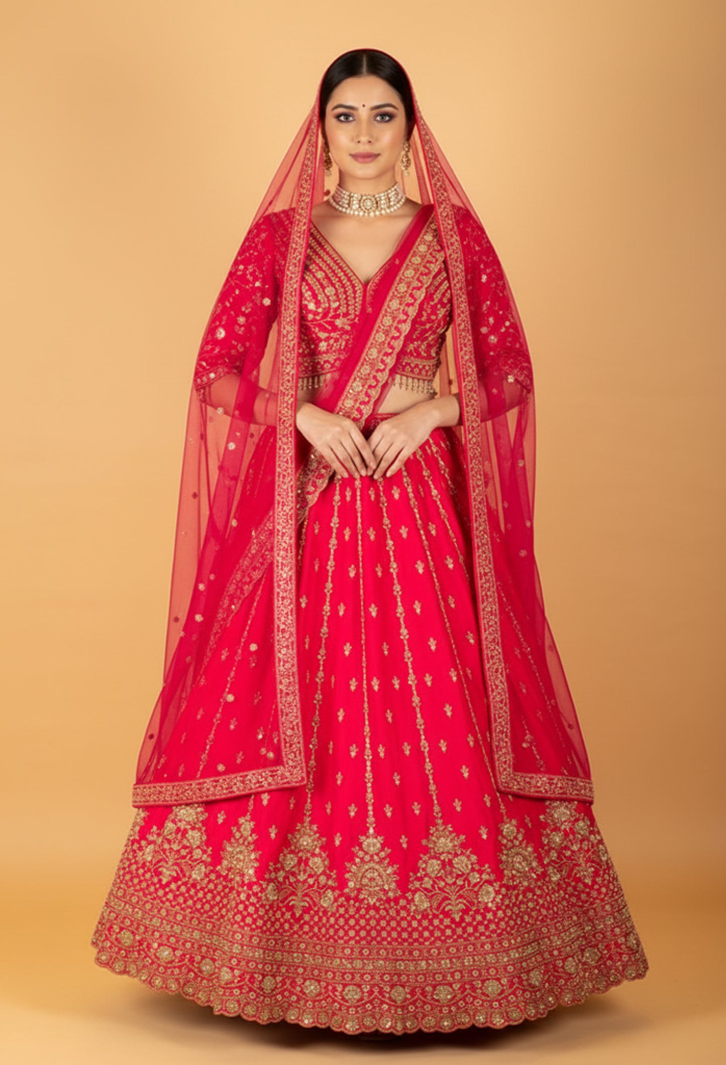 Red Embroidered Crop Top Lehenga Set with Heavy Border & Net Dupatta
