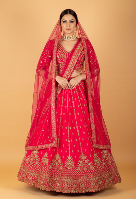 Red Embroidered Crop Top Lehenga Set with Heavy Border & Net Dupatta