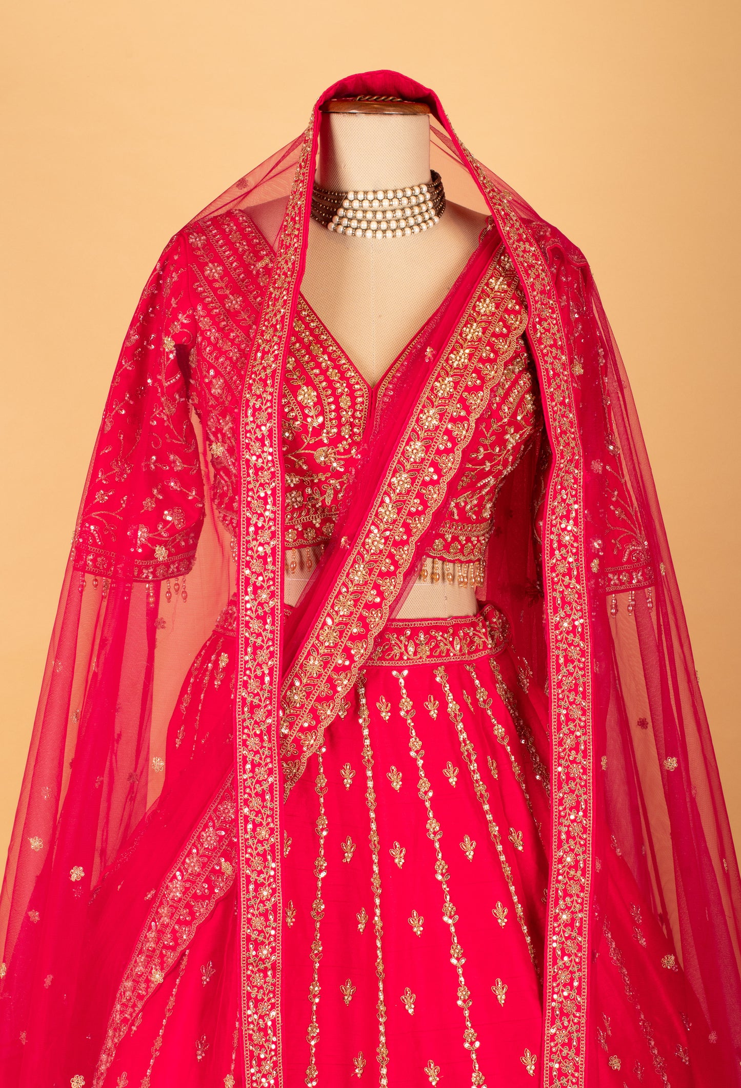 Red Embroidered Crop Top Lehenga Set with Heavy Border & Net Dupatta