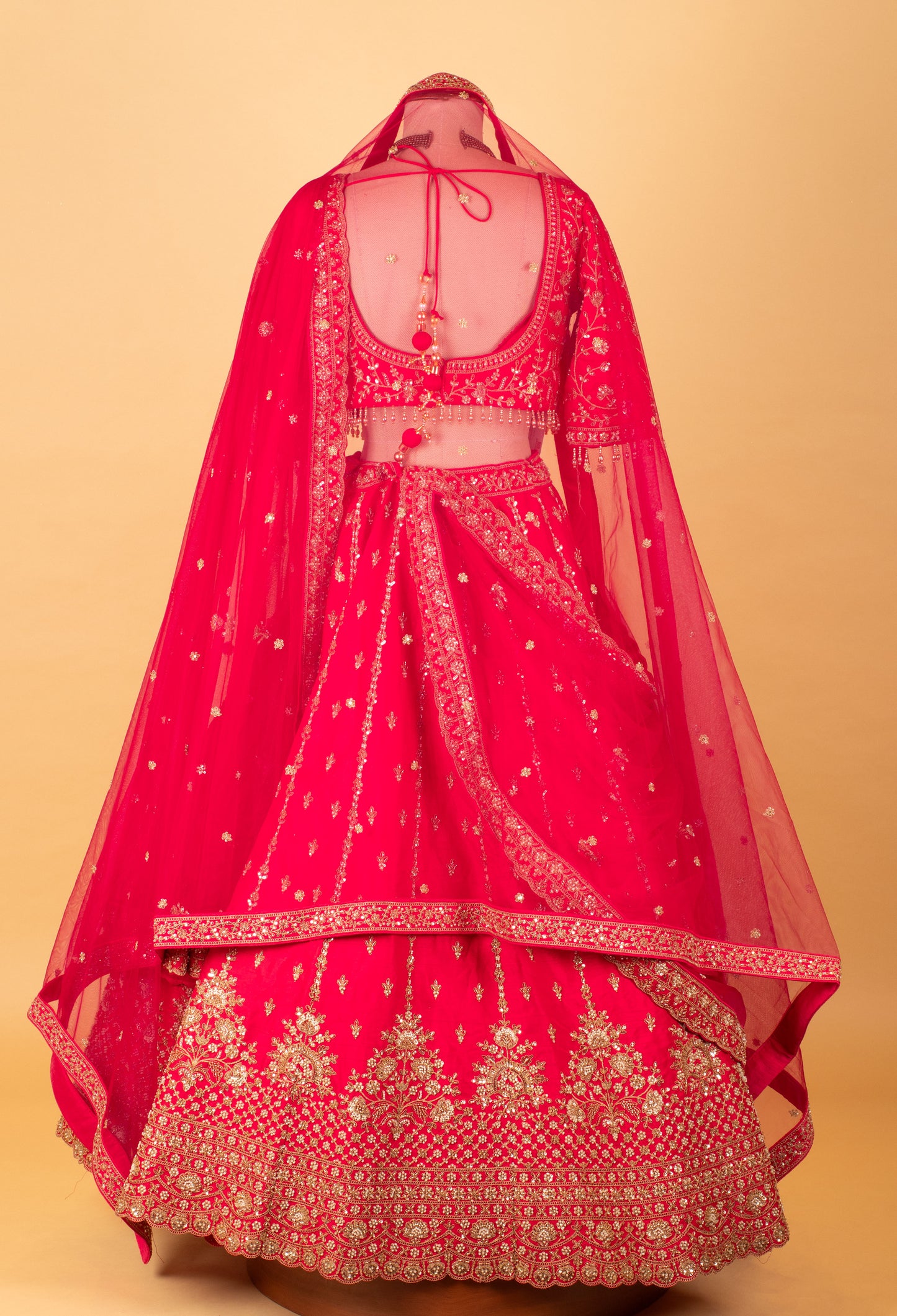 Red Embroidered Crop Top Lehenga Set with Heavy Border & Net Dupatta