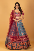 Teal & Wine Printed Crop Top Lehenga Set with Floral Motifs and Dupatta