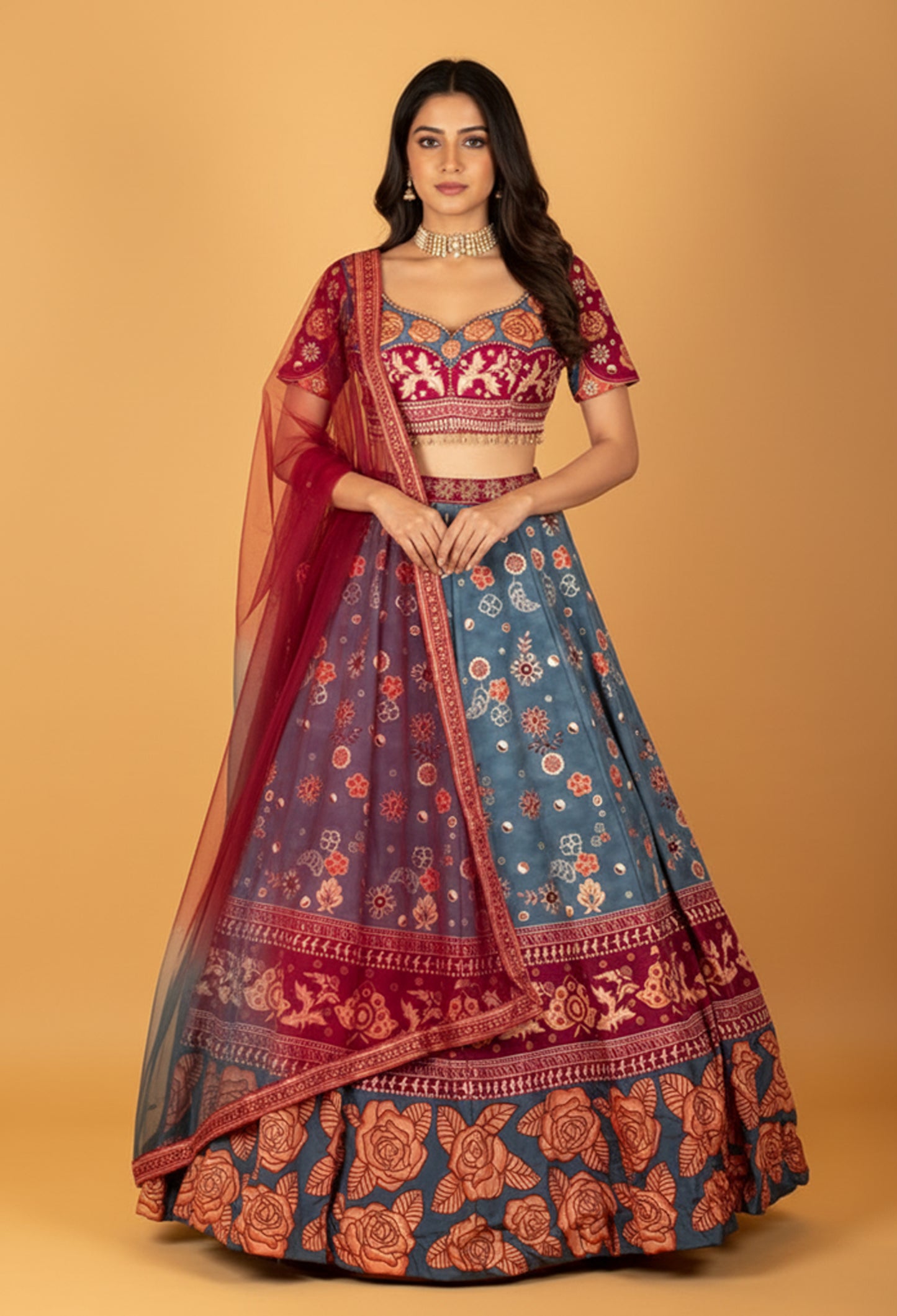 Teal & Wine Printed Crop Top Lehenga Set with Floral Motifs and Dupatta