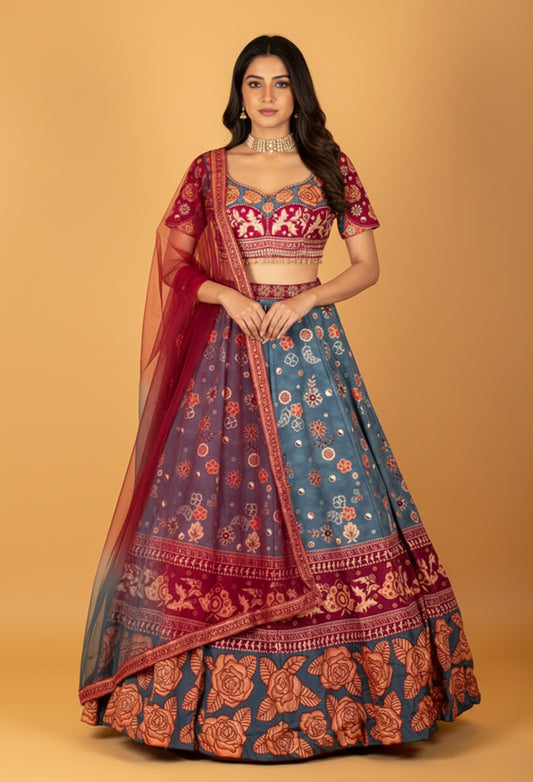 Teal & Wine Printed Crop Top Lehenga Set with Floral Motifs and Dupatta