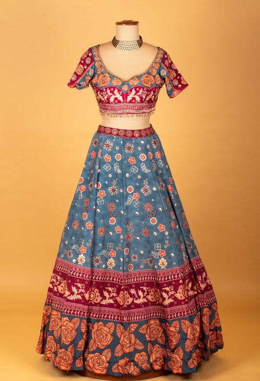 Teal & Wine Printed Crop Top Lehenga Set with Floral Motifs and Dupatta