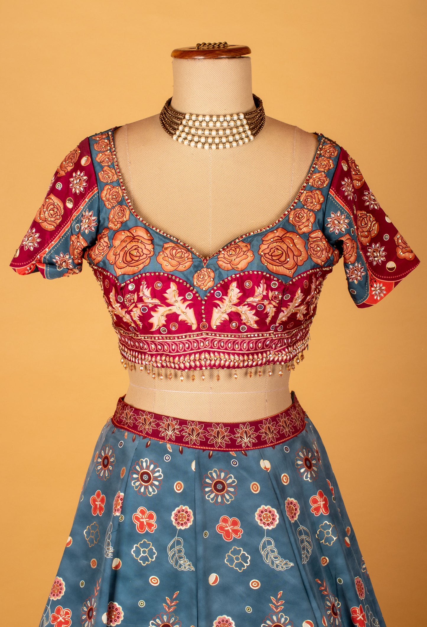 Teal & Wine Printed Crop Top Lehenga Set with Floral Motifs and Dupatta