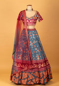 Teal & Wine Printed Crop Top Lehenga Set with Floral Motifs and Dupatta