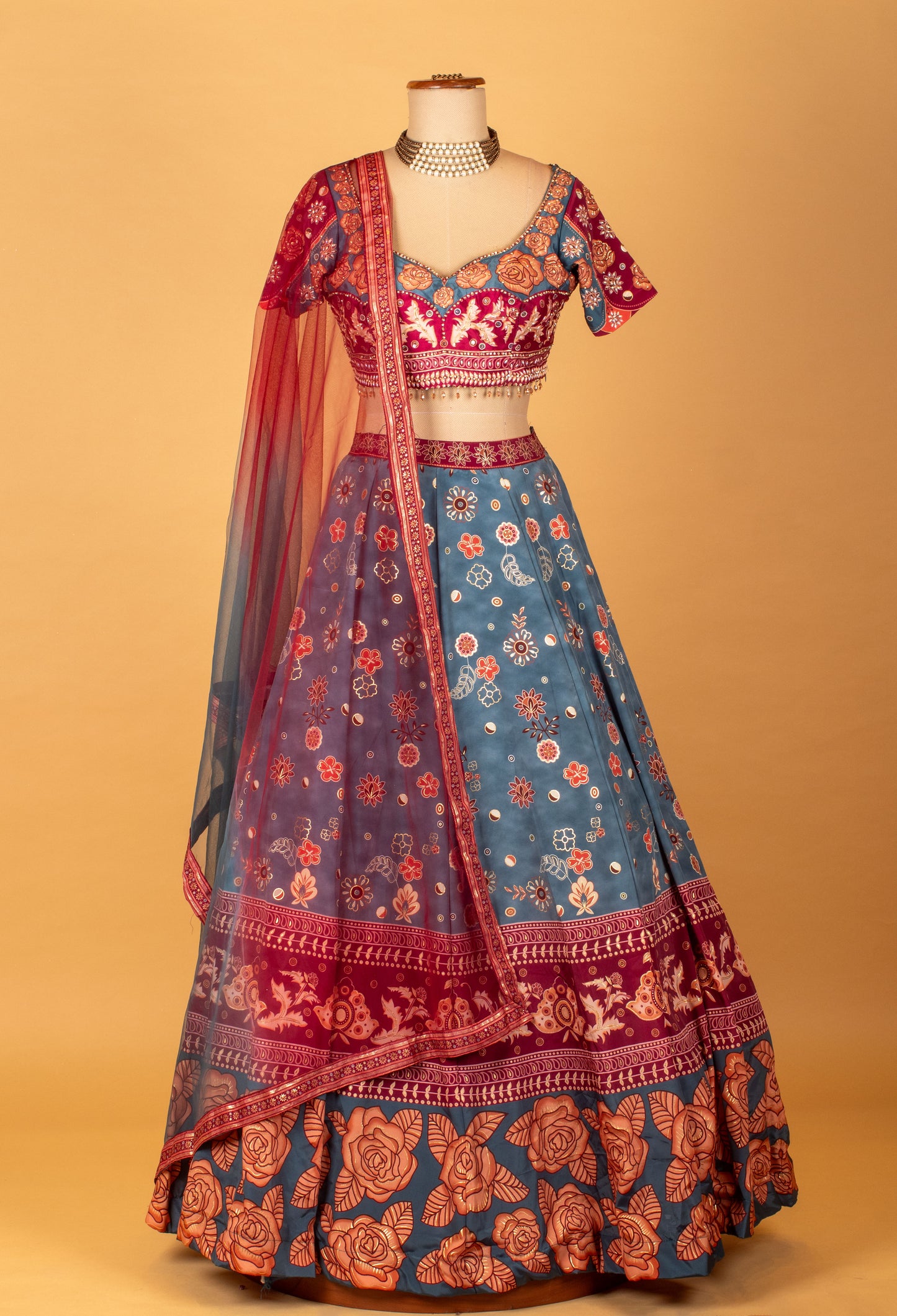Teal & Wine Printed Crop Top Lehenga Set with Floral Motifs and Dupatta