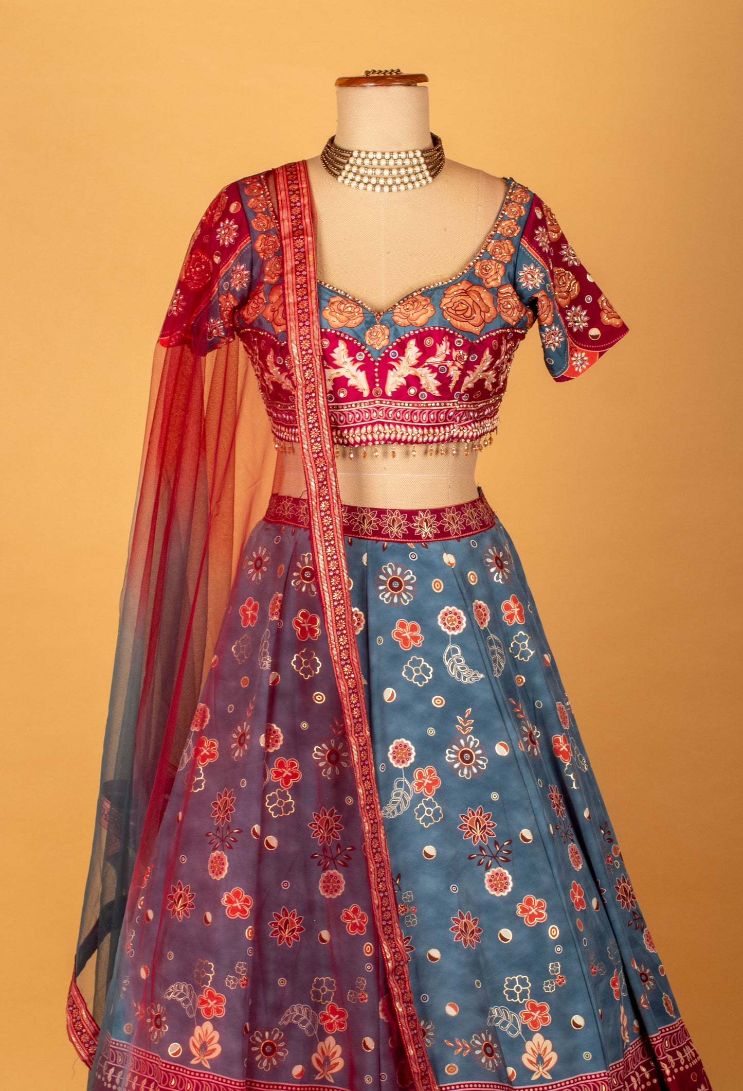 Teal & Wine Printed Crop Top Lehenga Set with Floral Motifs and Dupatta