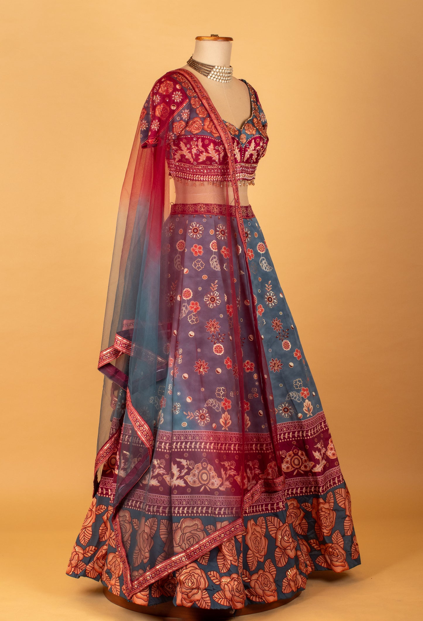 Teal & Wine Printed Crop Top Lehenga Set with Floral Motifs and Dupatta