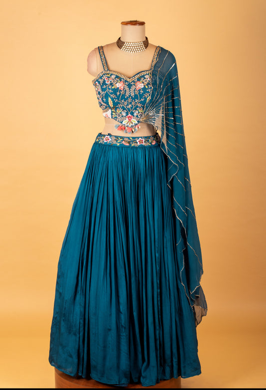 Teal blue embroidered lehenga set with sheer dupatta – product image 2