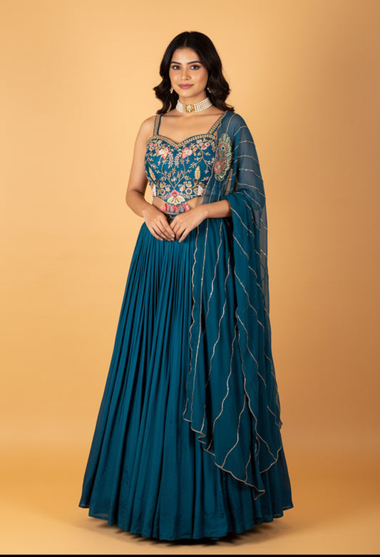Teal Blue Embroidered Crop Top Lehenga Set with Sheer Dupatta