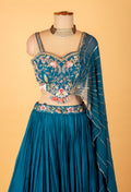 Teal Blue Embroidered Crop Top Lehenga Set with Sheer Dupatta