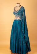 Teal Blue Embroidered Crop Top Lehenga Set with Sheer Dupatta