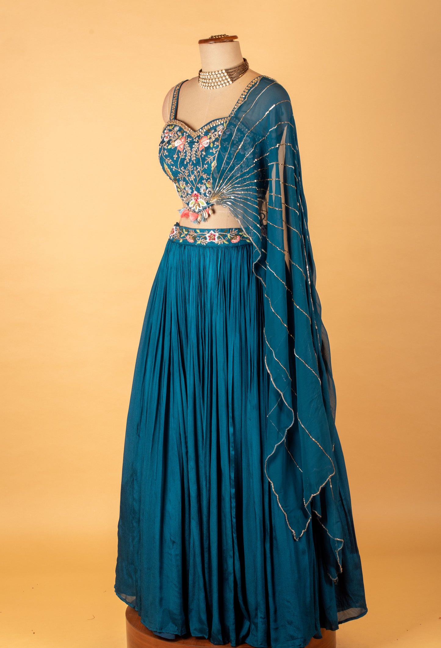 Teal Blue Embroidered Crop Top Lehenga Set with Sheer Dupatta