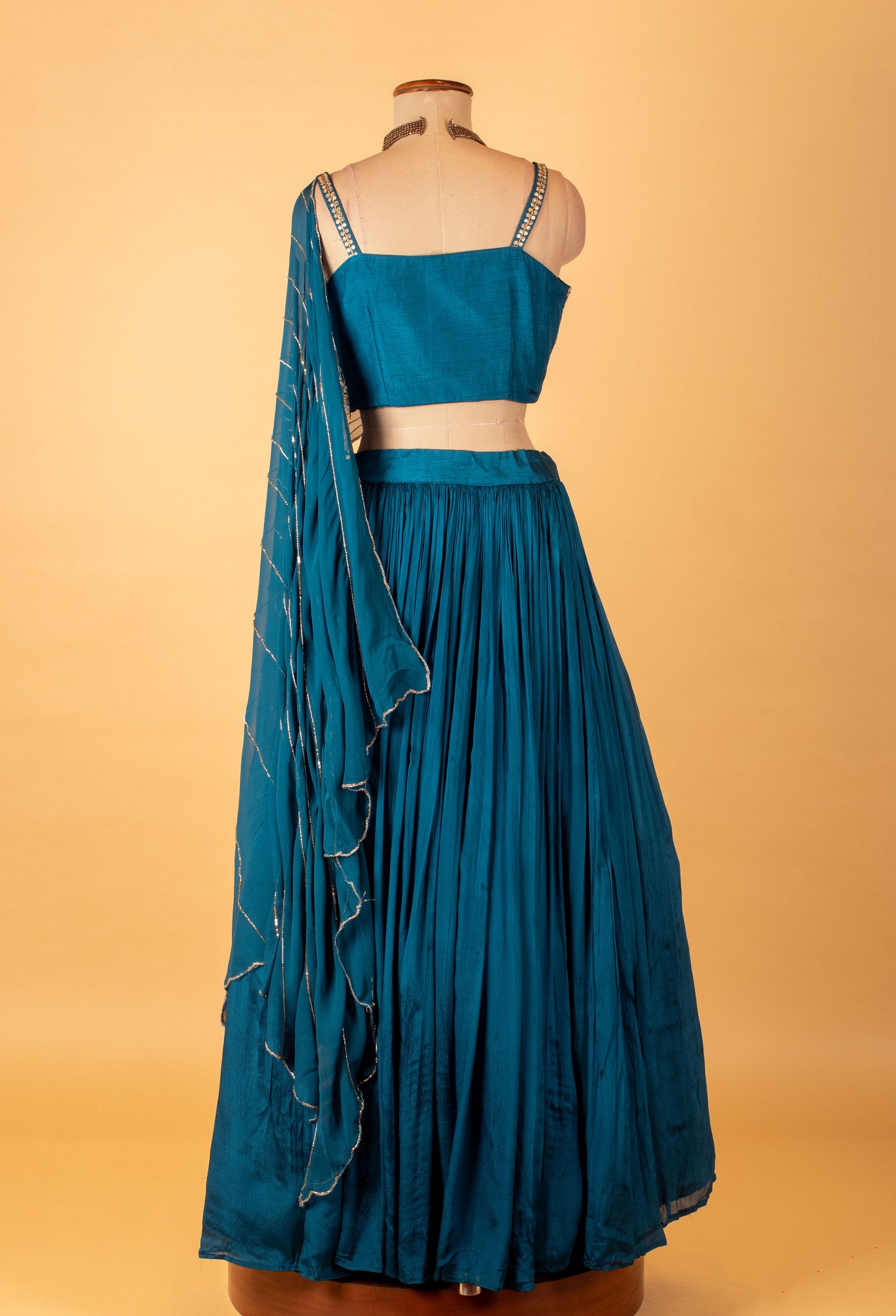 Teal Blue Embroidered Crop Top Lehenga Set with Sheer Dupatta