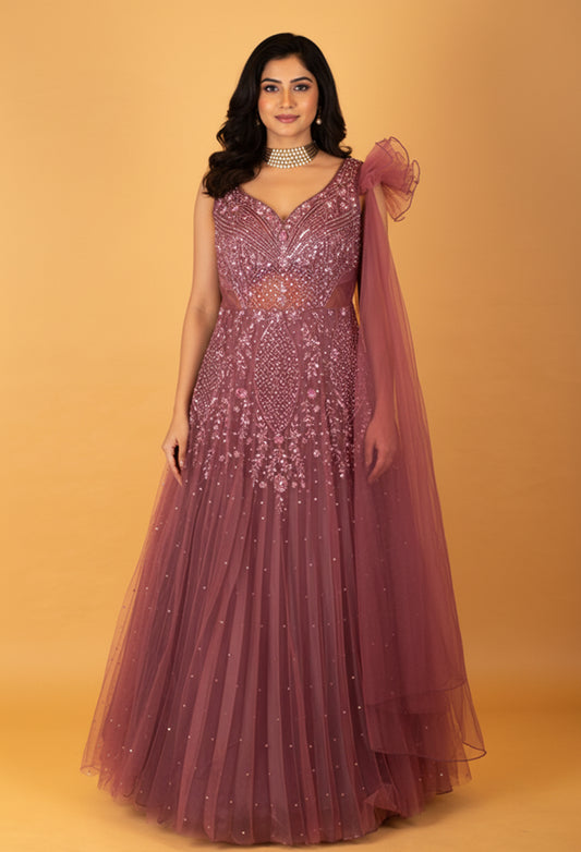 Mauve Embellished Net Gown with Sequin Work & Sheer Dupatta