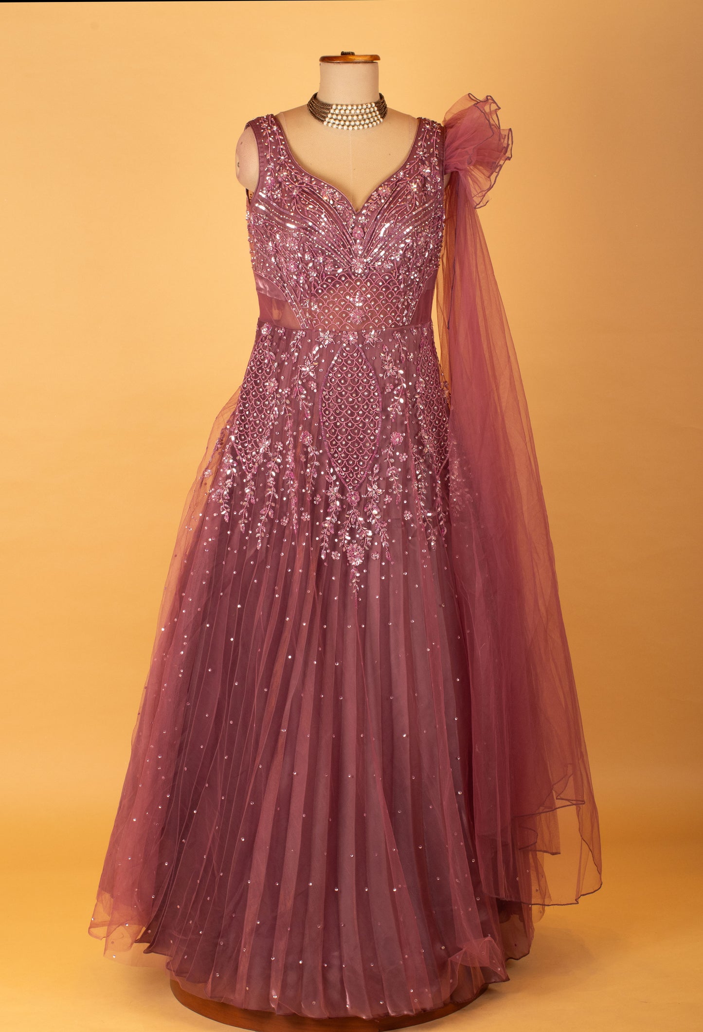 Mauve Embellished Net Gown with Sequin Work & Sheer Dupatta