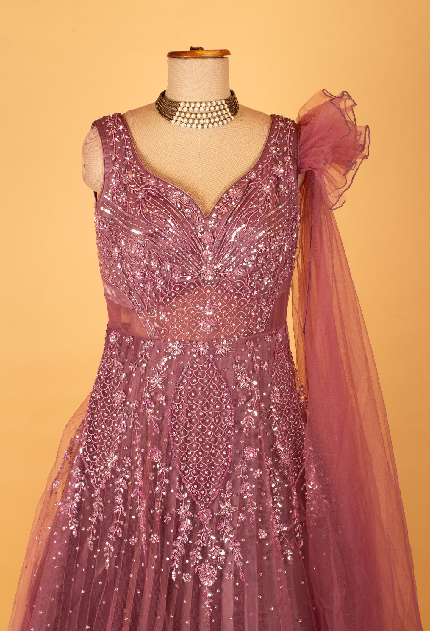 Mauve Embellished Net Gown with Sequin Work & Sheer Dupatta
