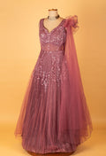 Mauve Embellished Net Gown with Sequin Work & Sheer Dupatta