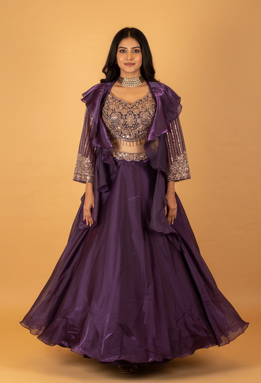 Purple Embroidered Crop Top Lehenga Set with Sheer Jacket