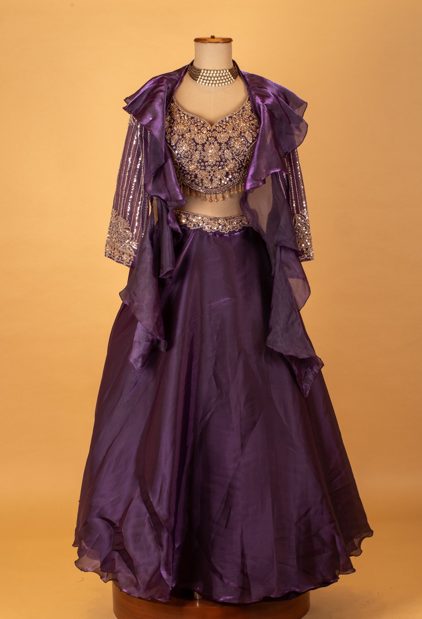 Purple Embroidered Crop Top Lehenga Set with Sheer Jacket