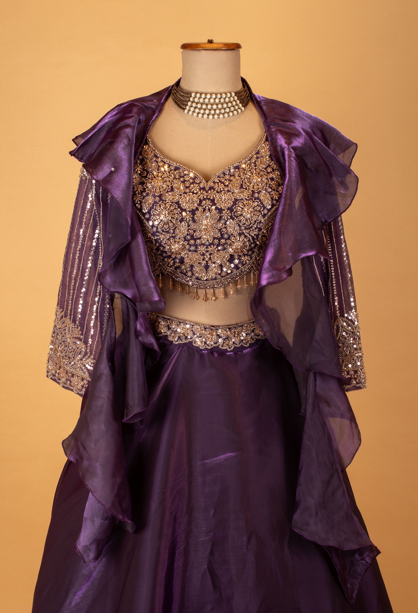 Purple Embroidered Crop Top Lehenga Set with Sheer Jacket