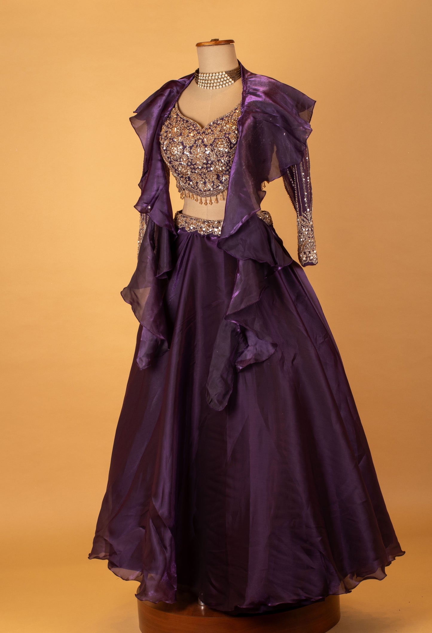 Purple Embroidered Crop Top Lehenga Set with Sheer Jacket