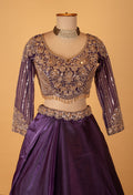 Purple Embroidered Crop Top Lehenga Set with Sheer Jacket