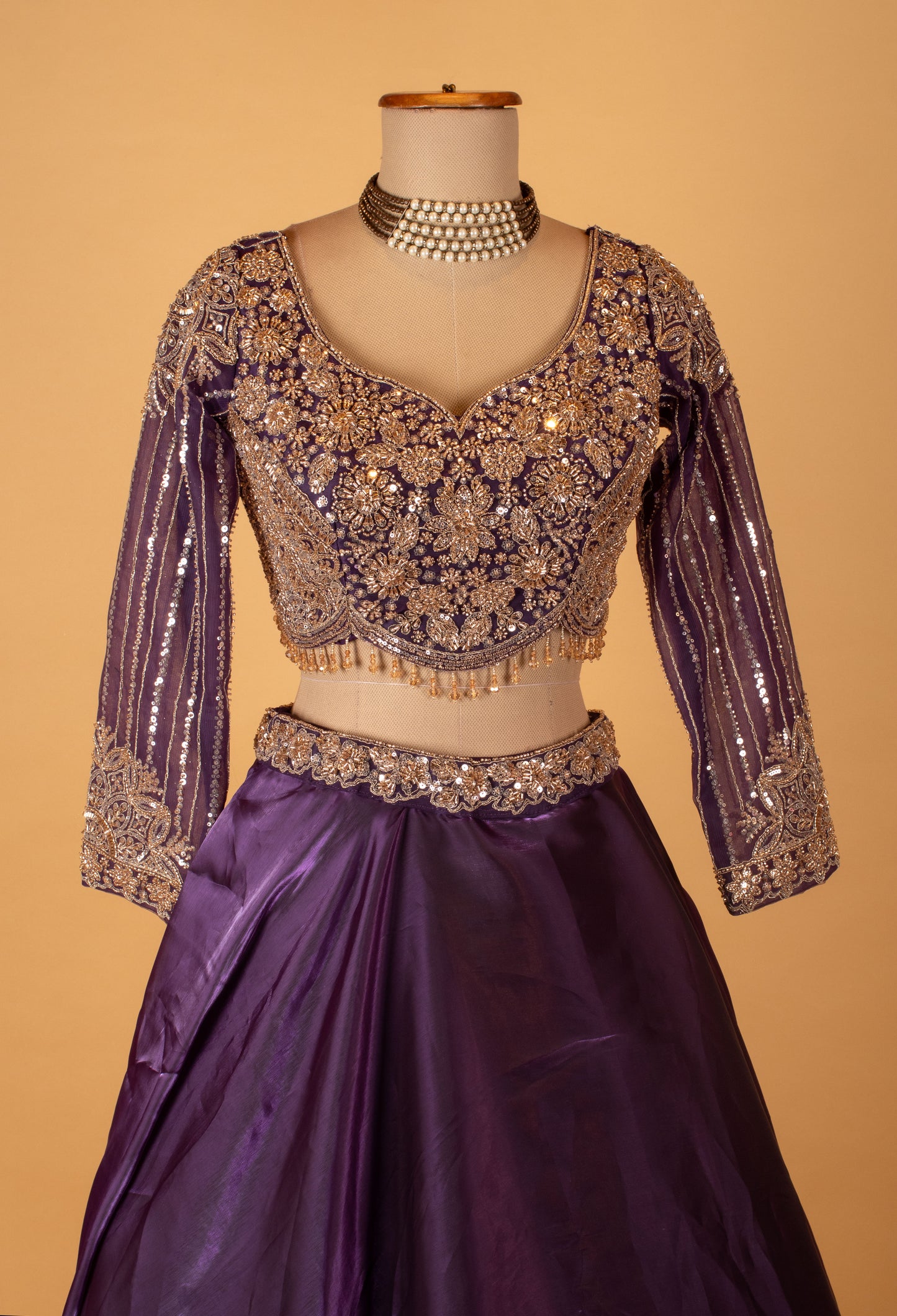 Purple Embroidered Crop Top Lehenga Set with Sheer Jacket