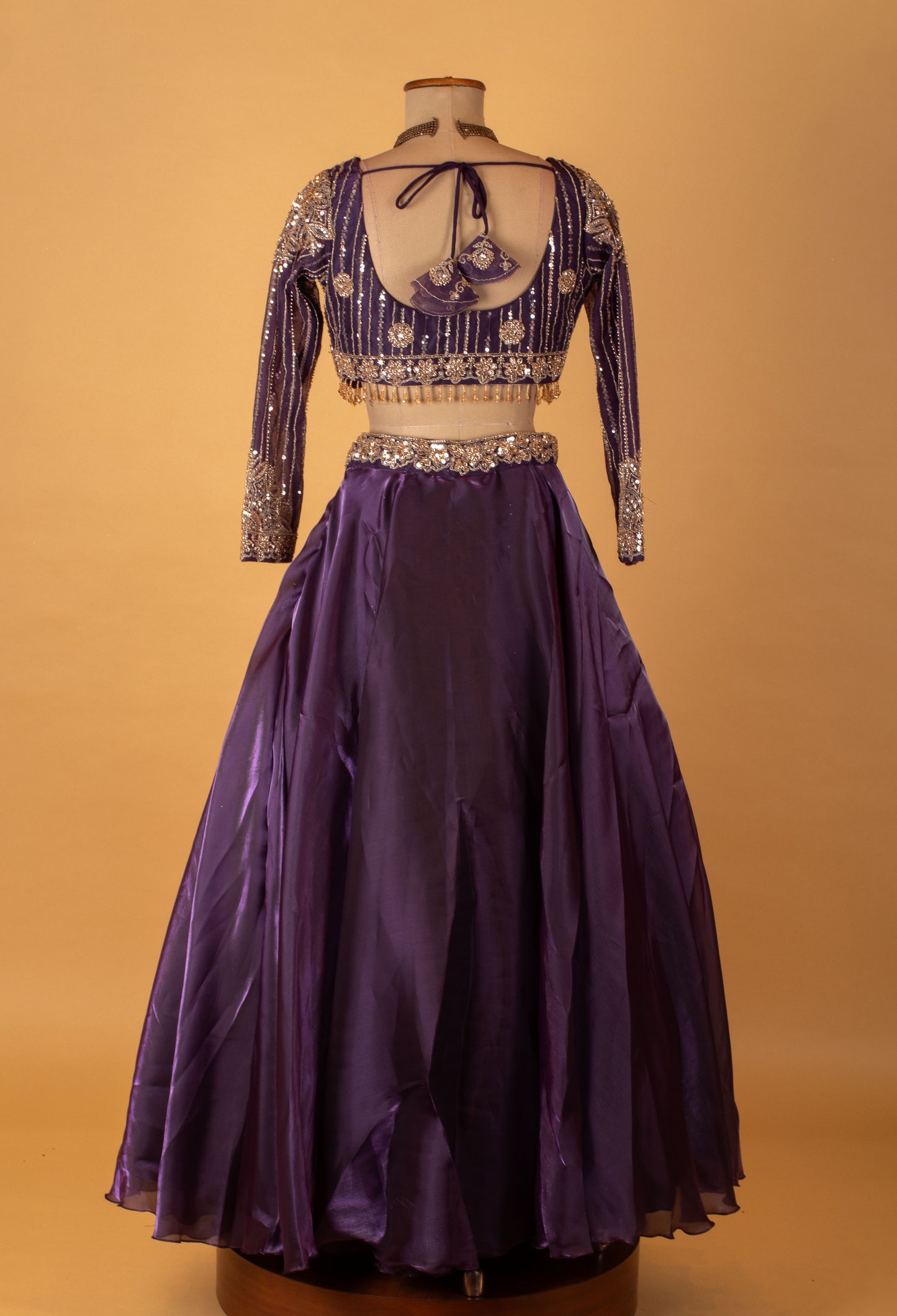 Purple Embroidered Crop Top Lehenga Set with Sheer Jacket