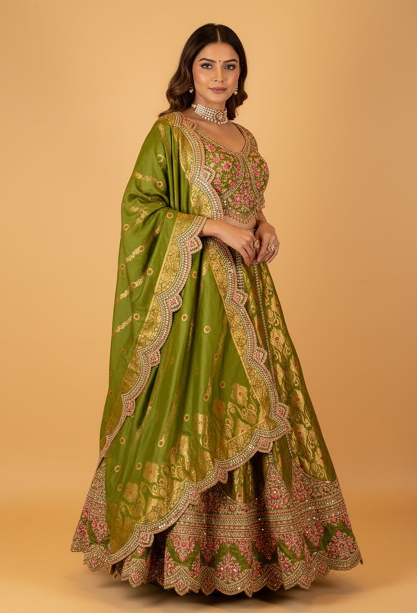 Olive Green Embroidered Crop Top Lehenga Set with Zari Work & Dupatta