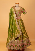 Olive Green Embroidered Crop Top Lehenga Set with Zari Work & Dupatta
