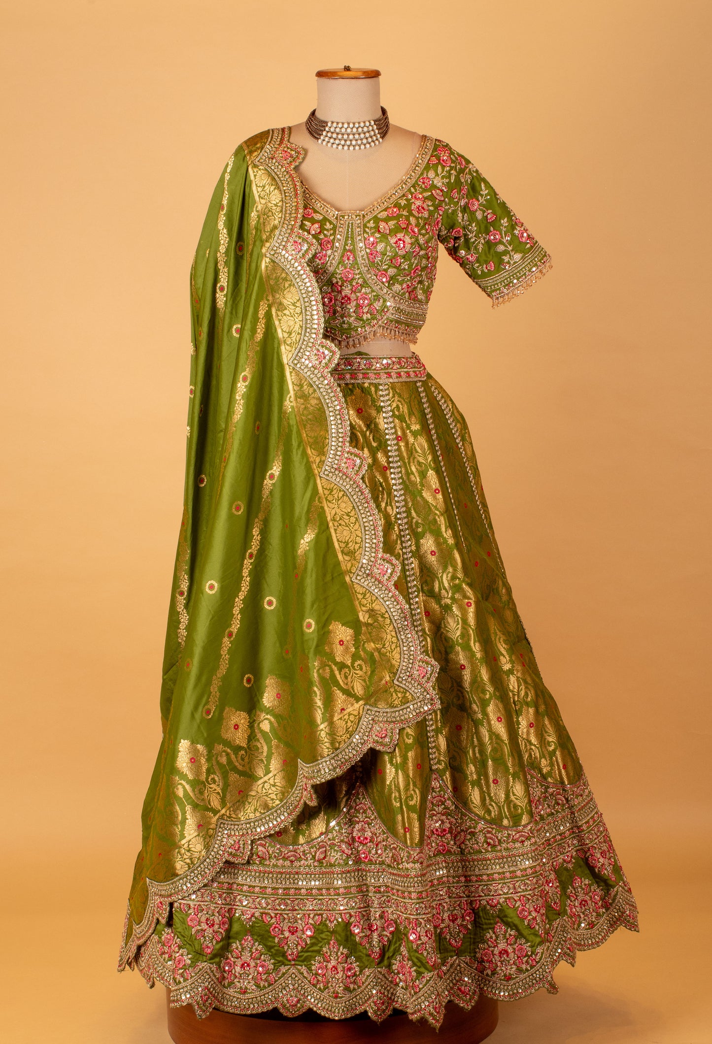 Olive Green Embroidered Crop Top Lehenga Set with Zari Work & Dupatta