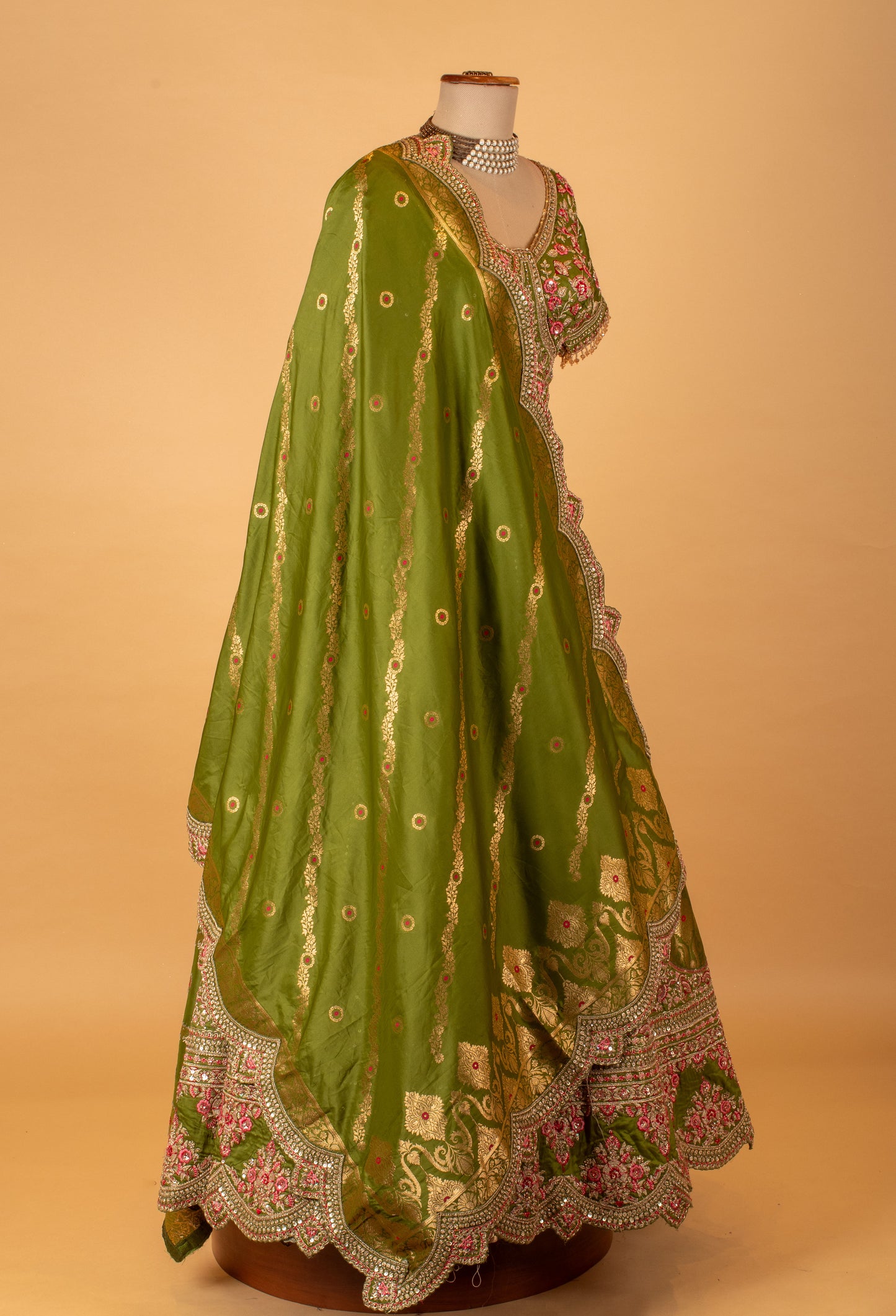 Olive Green Embroidered Crop Top Lehenga Set with Zari Work & Dupatta
