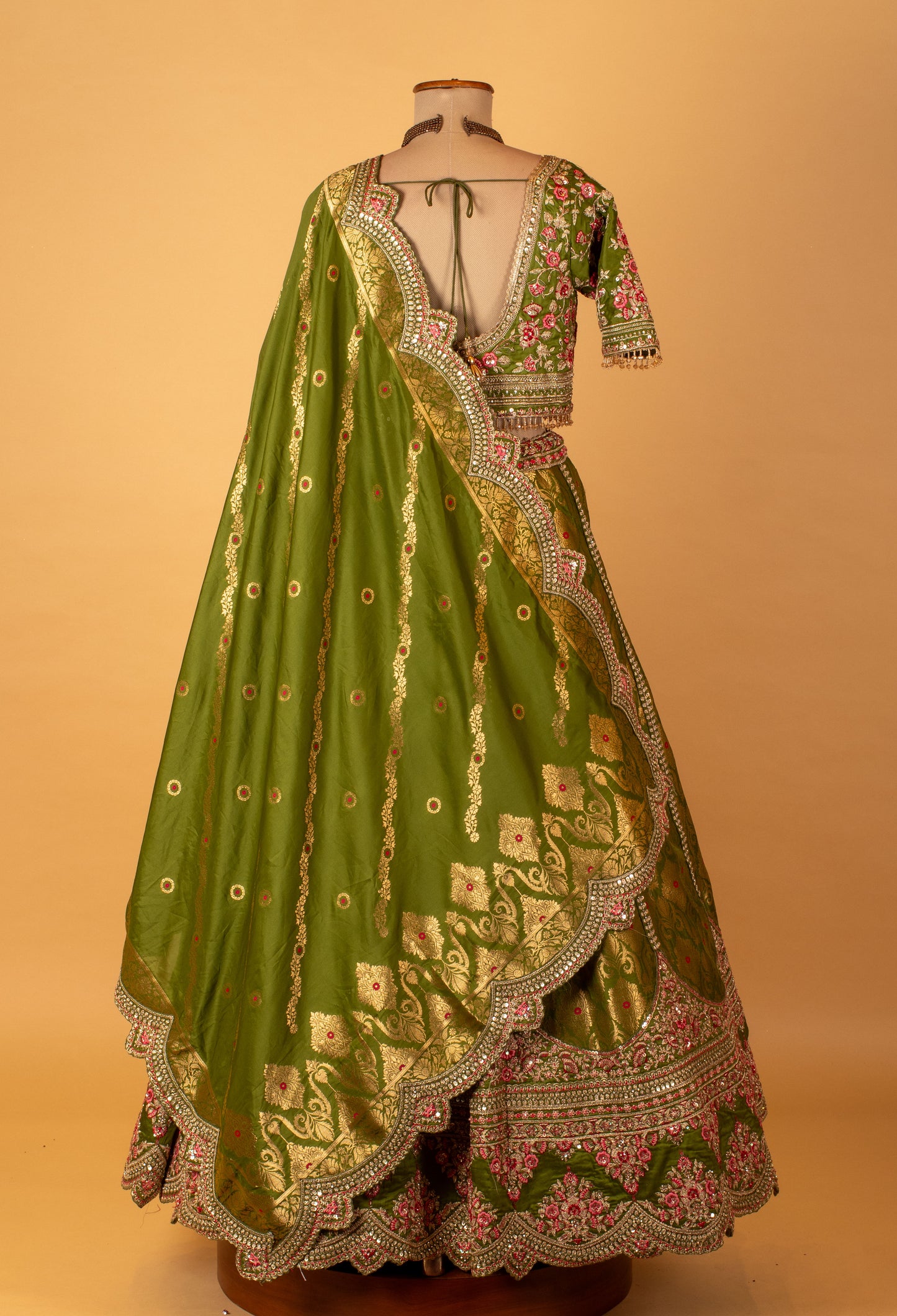 Olive Green Embroidered Crop Top Lehenga Set with Zari Work & Dupatta