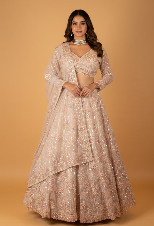 Champagne Ivory Embellished Crop Top Lehenga Set with Net Dupatta