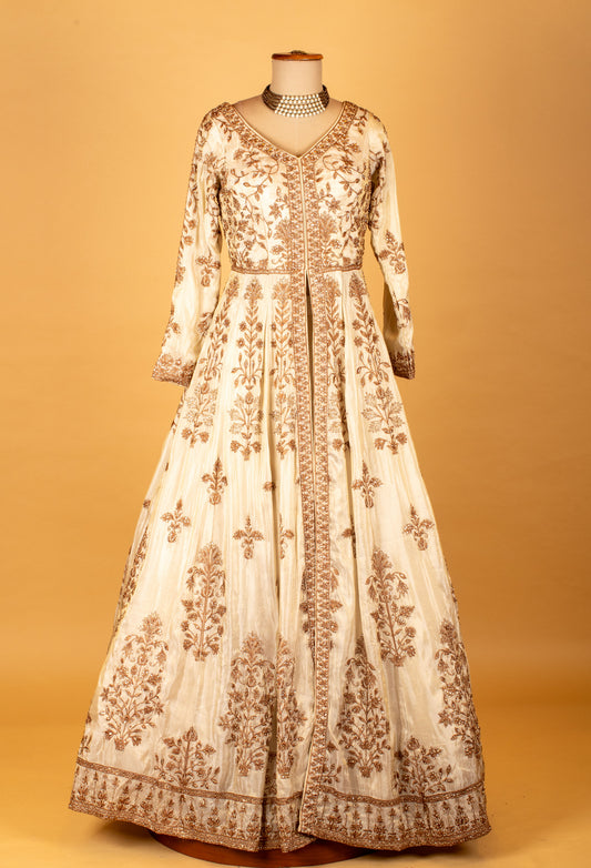 Ivory embroidered Anarkali lehenga set with gold work and net dupatta – product image 2