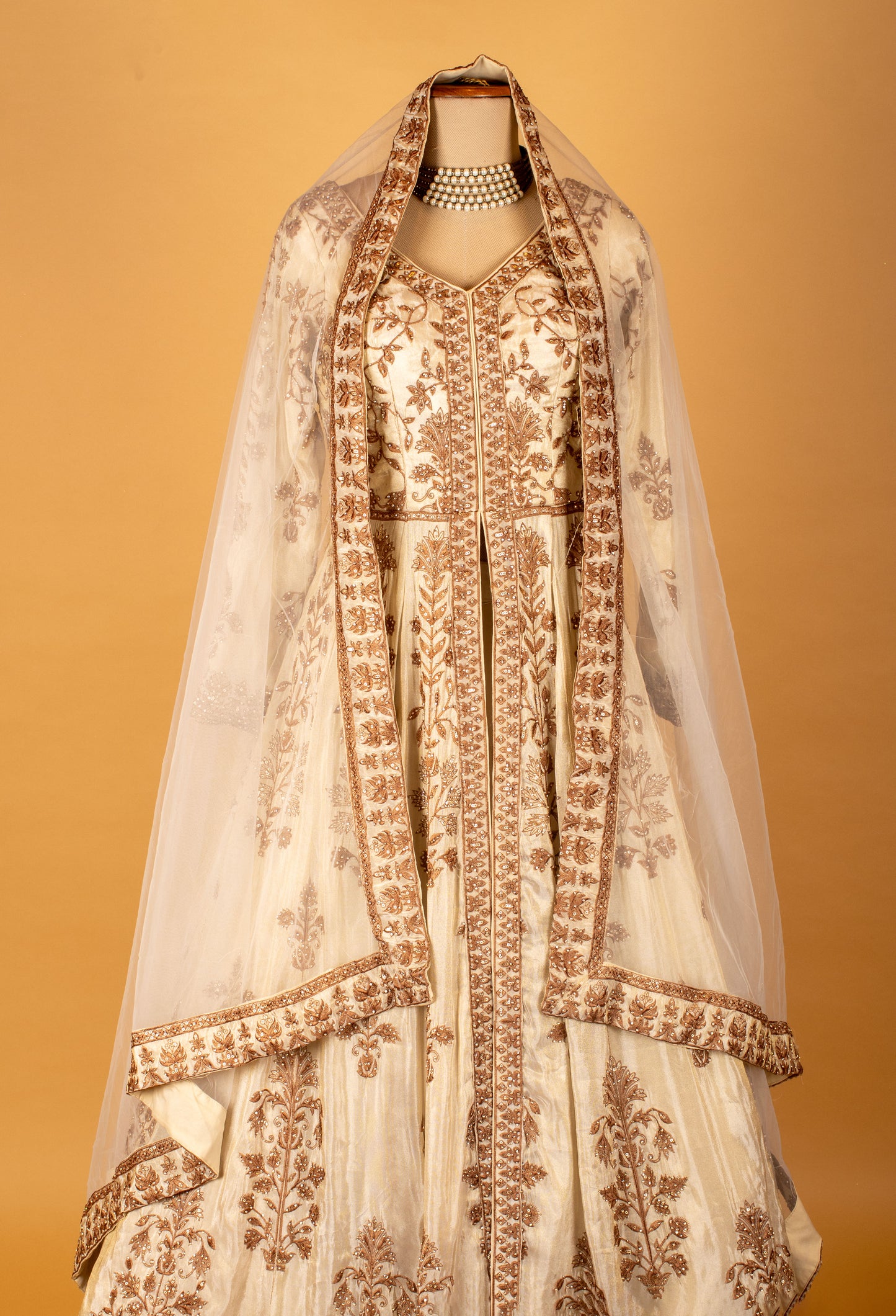 Ivory Embroidered Anarkali Lehenga Set with Gold Work & Net Dupatta
