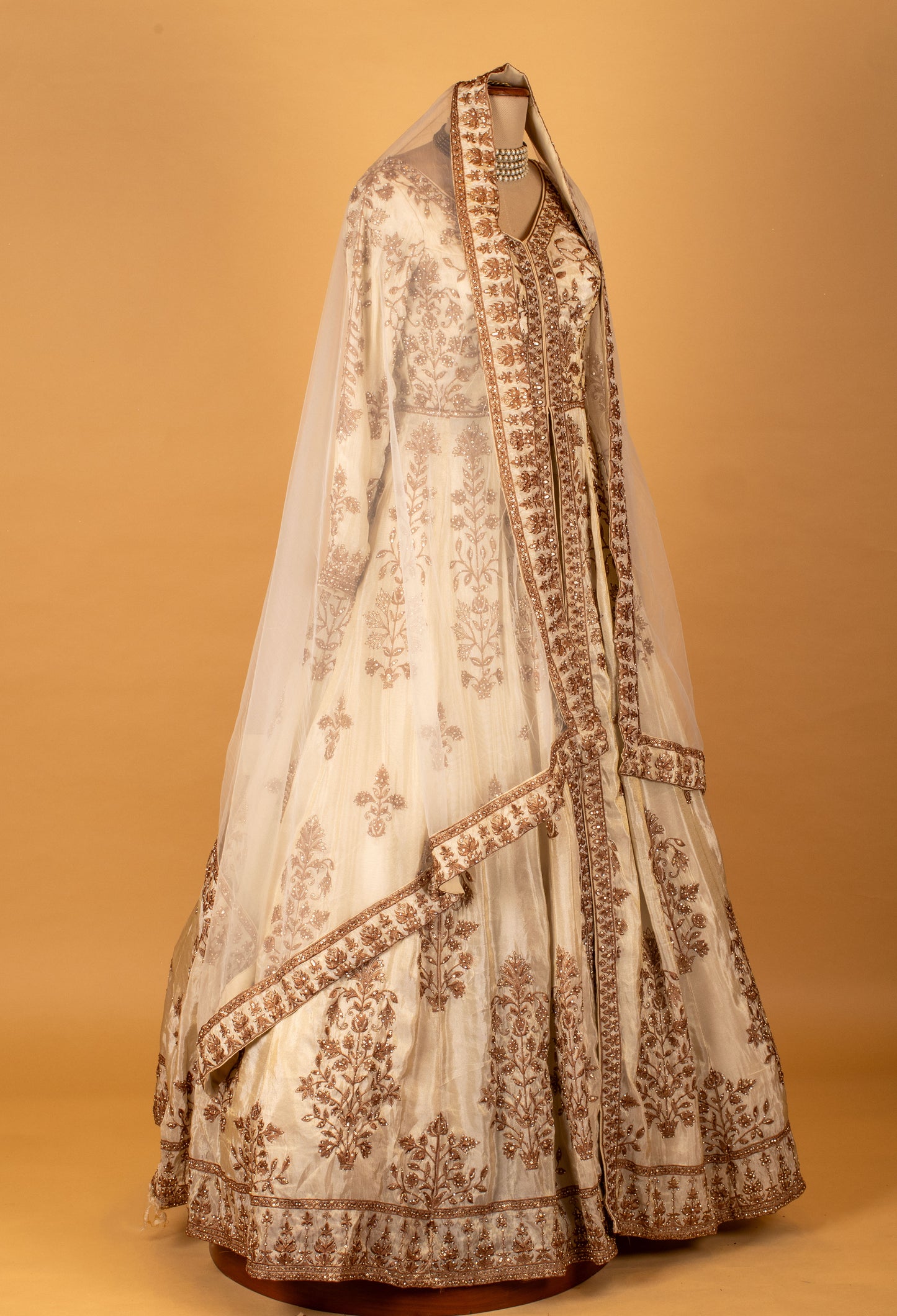 Ivory Embroidered Anarkali Lehenga Set with Gold Work & Net Dupatta