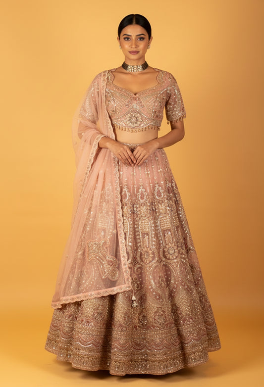 Rose Gold Embellished Crop Top Lehenga Set with Heavy Work & Net Dupatta