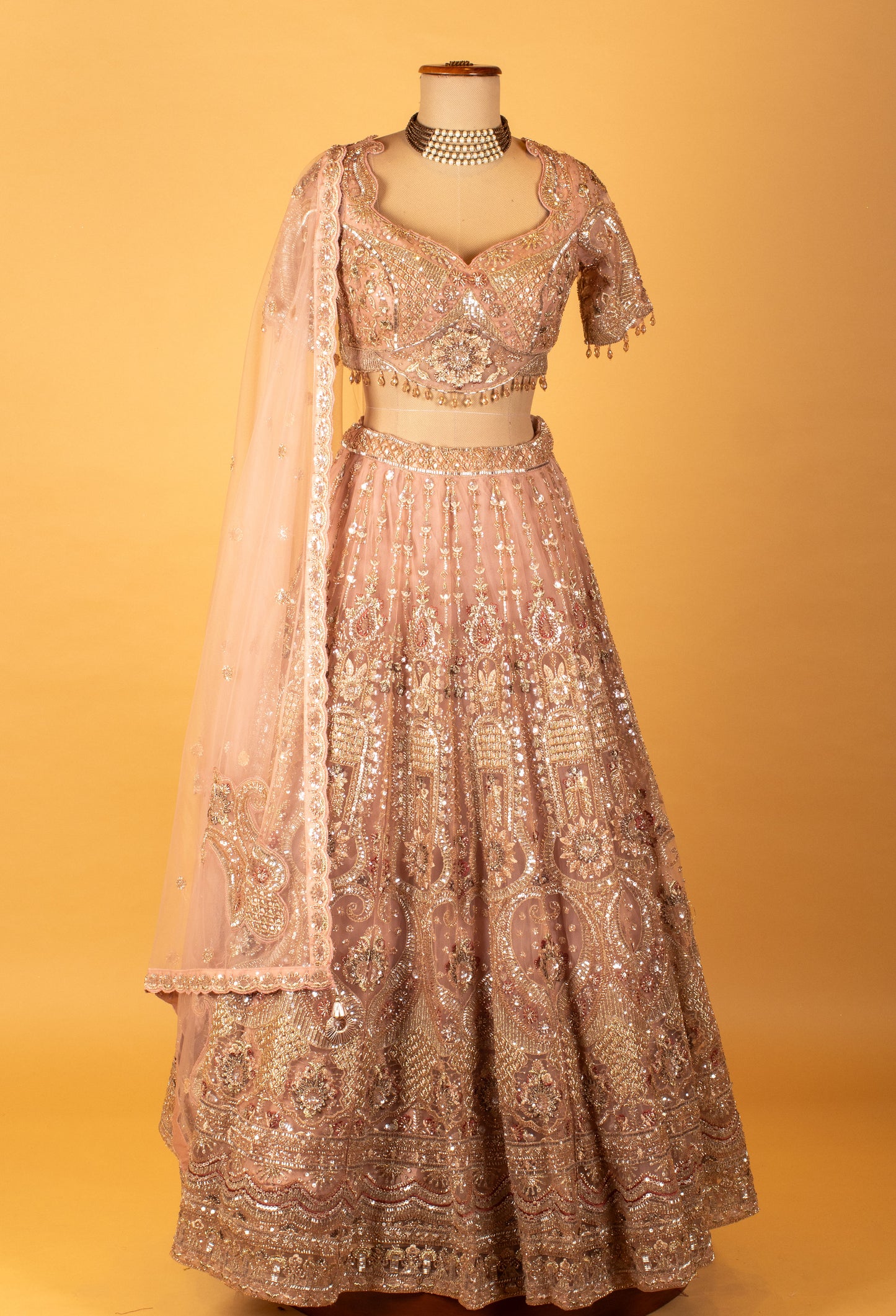 Rose Gold Embellished Crop Top Lehenga Set with Heavy Work & Net Dupatta